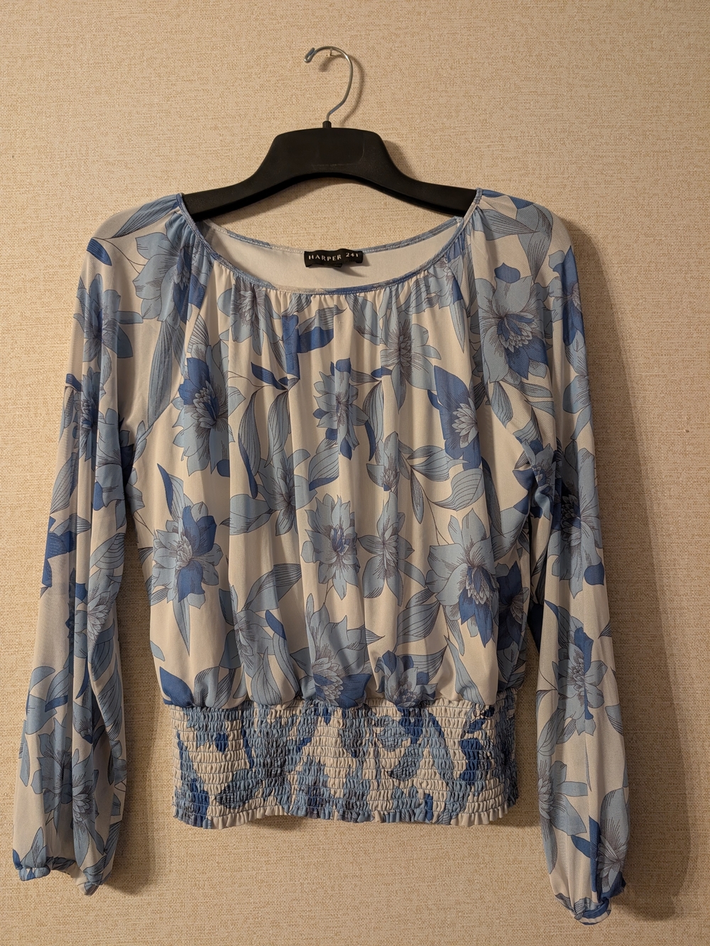 Harper Blue Floral Long-Sleeve Smocked Waist Top